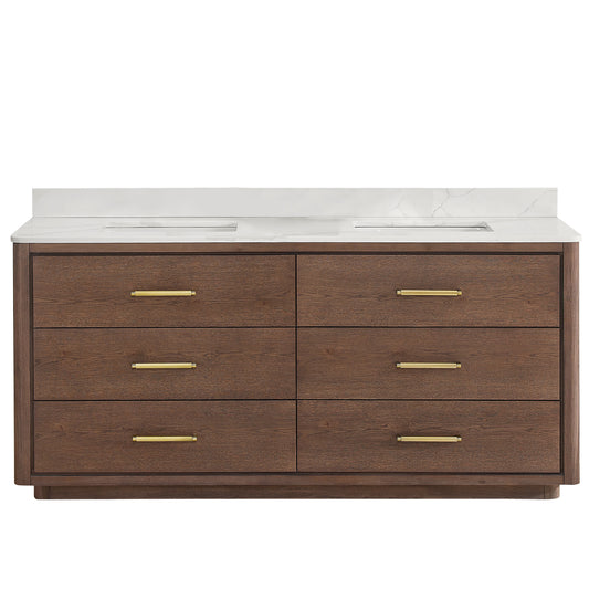 Vinnova, Porto 72" Free-standing Double Bath Vanity in Aged Dark Brown Oak with Fish Maw White Quartz Stone Top