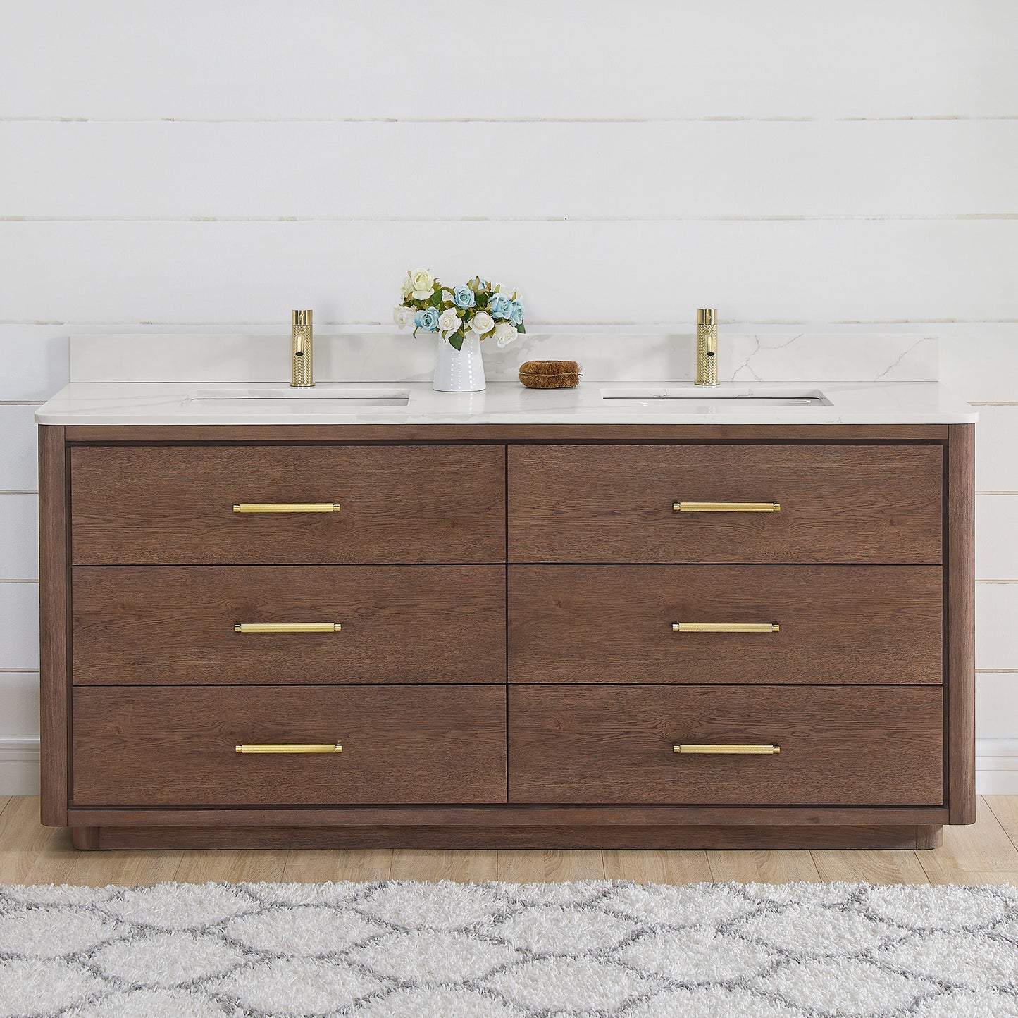 Vinnova, Porto 72" Free-standing Double Bath Vanity in Aged Dark Brown Oak with Fish Maw White Quartz Stone Top