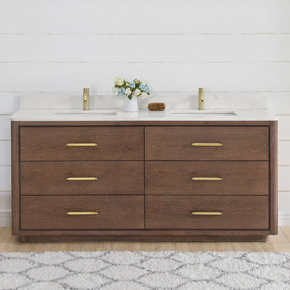 Vinnova, Porto 72" Free-standing Double Bath Vanity in Aged Dark Brown Oak with Fish Maw White Quartz Stone Top
