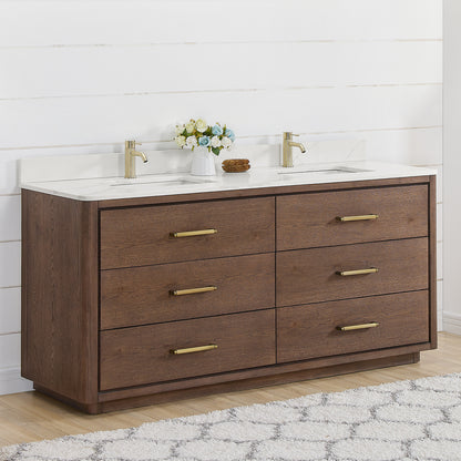 Vinnova, Porto 72" Free-standing Double Bath Vanity in Aged Dark Brown Oak with Fish Maw White Quartz Stone Top