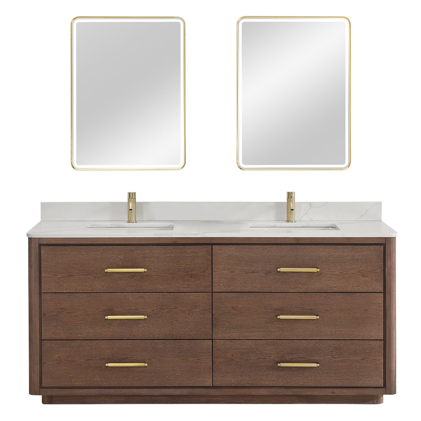 Vinnova, Porto 72" Free-standing Double Bath Vanity in Aged Dark Brown Oak with Fish Maw White Quartz Stone Top and Mirror