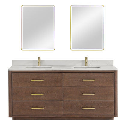 Vinnova, Porto 72" Free-standing Double Bath Vanity in Aged Dark Brown Oak with Fish Maw White Quartz Stone Top and Mirror