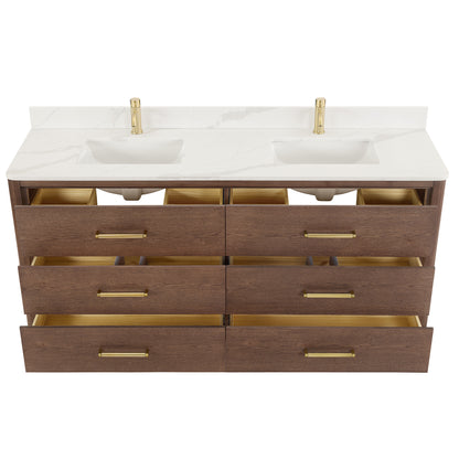 Vinnova, Porto 72" Free-standing Double Bath Vanity in Aged Dark Brown Oak with Fish Maw White Quartz Stone Top and Mirror