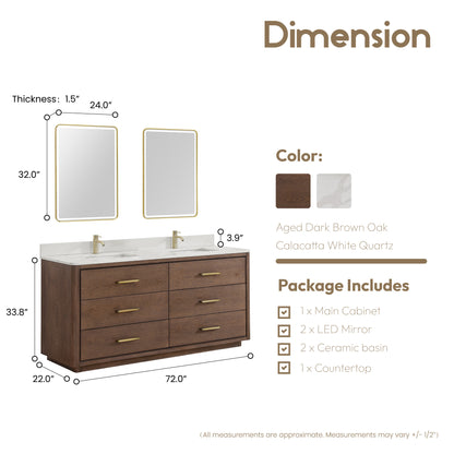 Vinnova, Porto 72" Free-standing Double Bath Vanity in Aged Dark Brown Oak with Fish Maw White Quartz Stone Top and Mirror