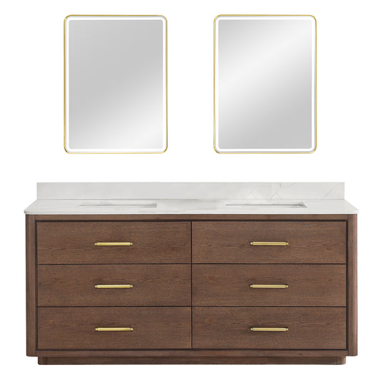 Vinnova, Porto 72" Free-standing Double Bath Vanity in Aged Dark Brown Oak with Fish Maw White Quartz Stone Top and Mirror