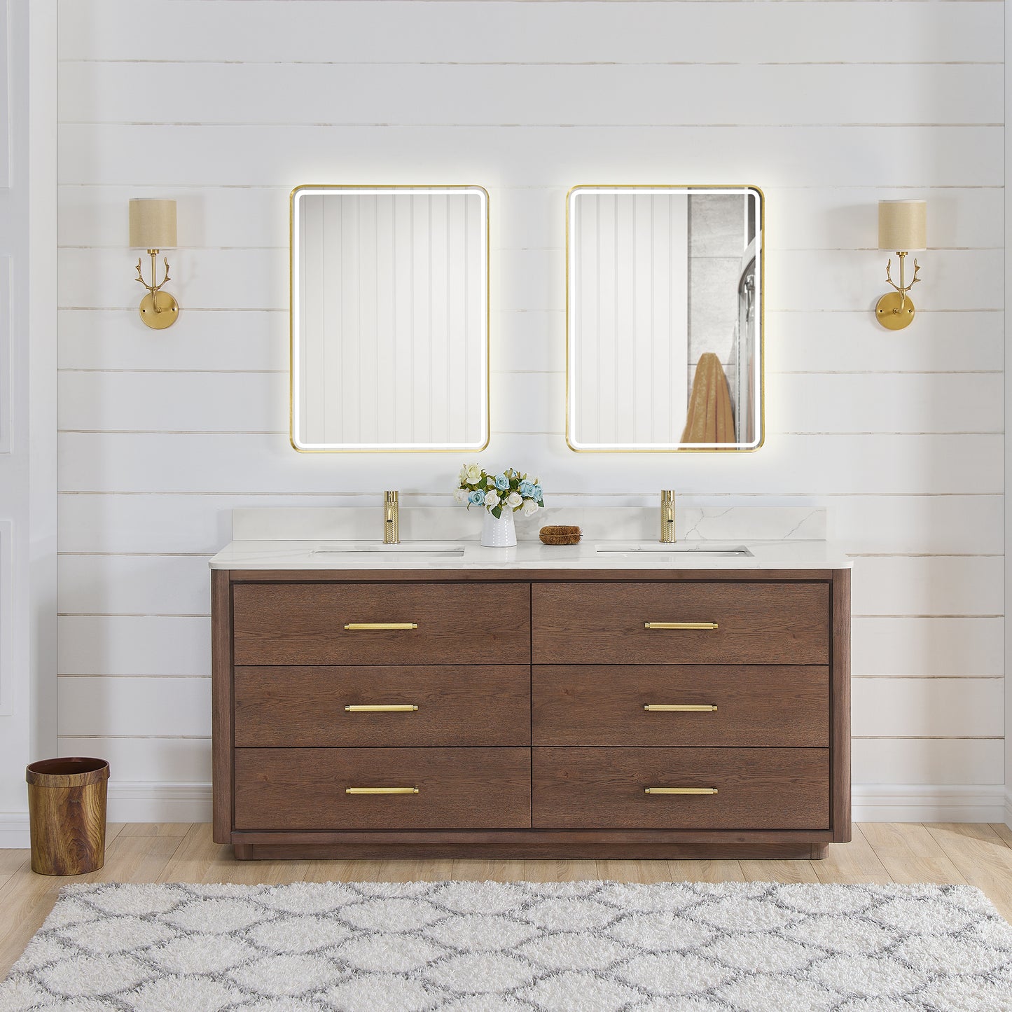 Vinnova, Porto 72" Free-standing Double Bath Vanity in Aged Dark Brown Oak with Fish Maw White Quartz Stone Top and Mirror