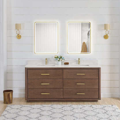 Vinnova, Porto 72" Free-standing Double Bath Vanity in Aged Dark Brown Oak with Fish Maw White Quartz Stone Top and Mirror