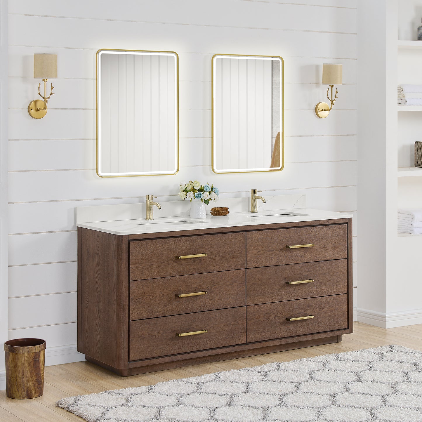Vinnova, Porto 72" Free-standing Double Bath Vanity in Aged Dark Brown Oak with Fish Maw White Quartz Stone Top and Mirror