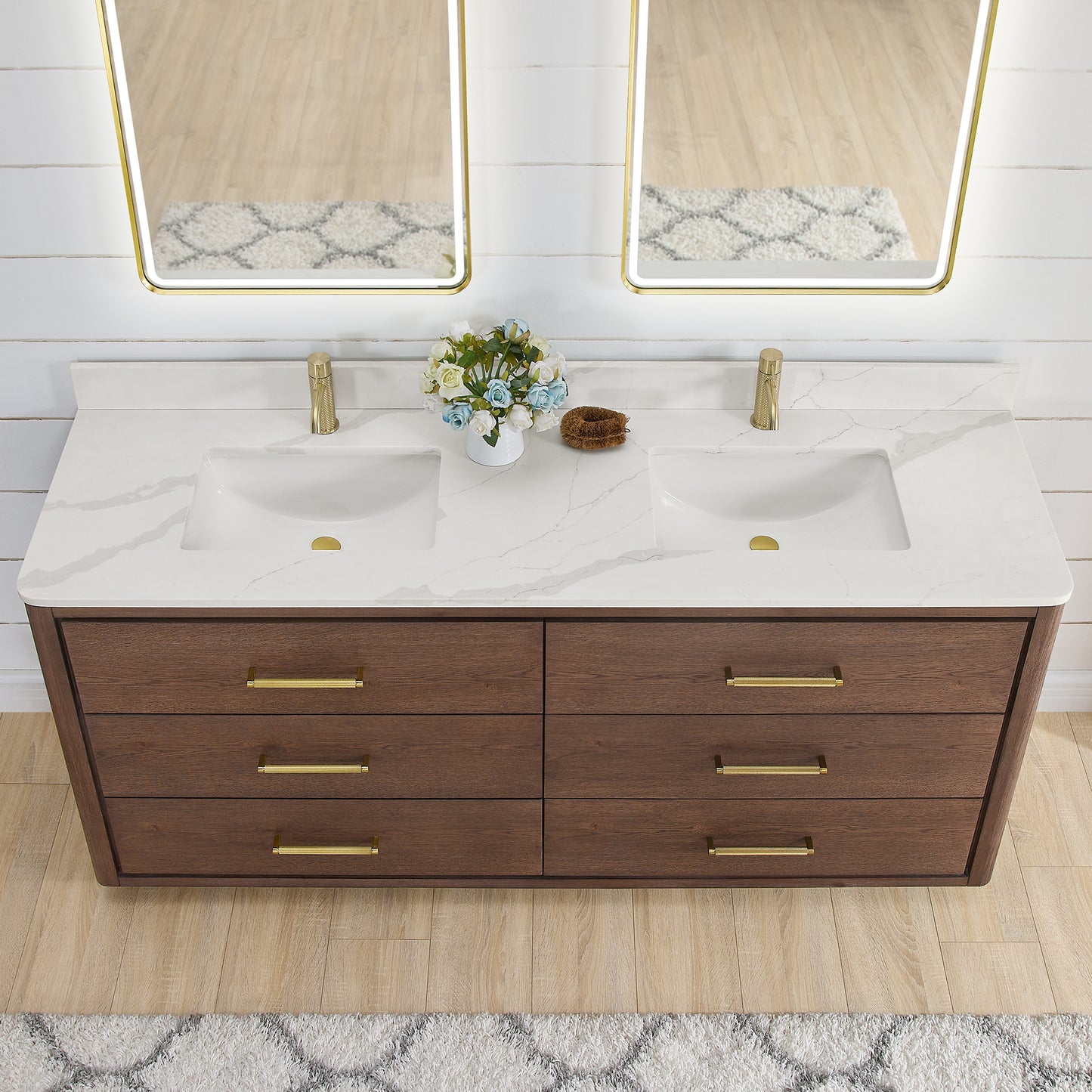 Vinnova, Porto 72" Free-standing Double Bath Vanity in Aged Dark Brown Oak with Fish Maw White Quartz Stone Top and Mirror