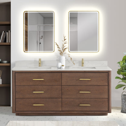Vinnova, Porto 72" Free-standing Double Bath Vanity in Aged Dark Brown Oak with Fish Maw White Quartz Stone Top and Mirror