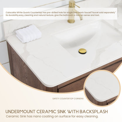 Vinnova, Porto 72" Free-standing Double Bath Vanity in Aged Dark Brown Oak with Fish Maw White Quartz Stone Top and Mirror