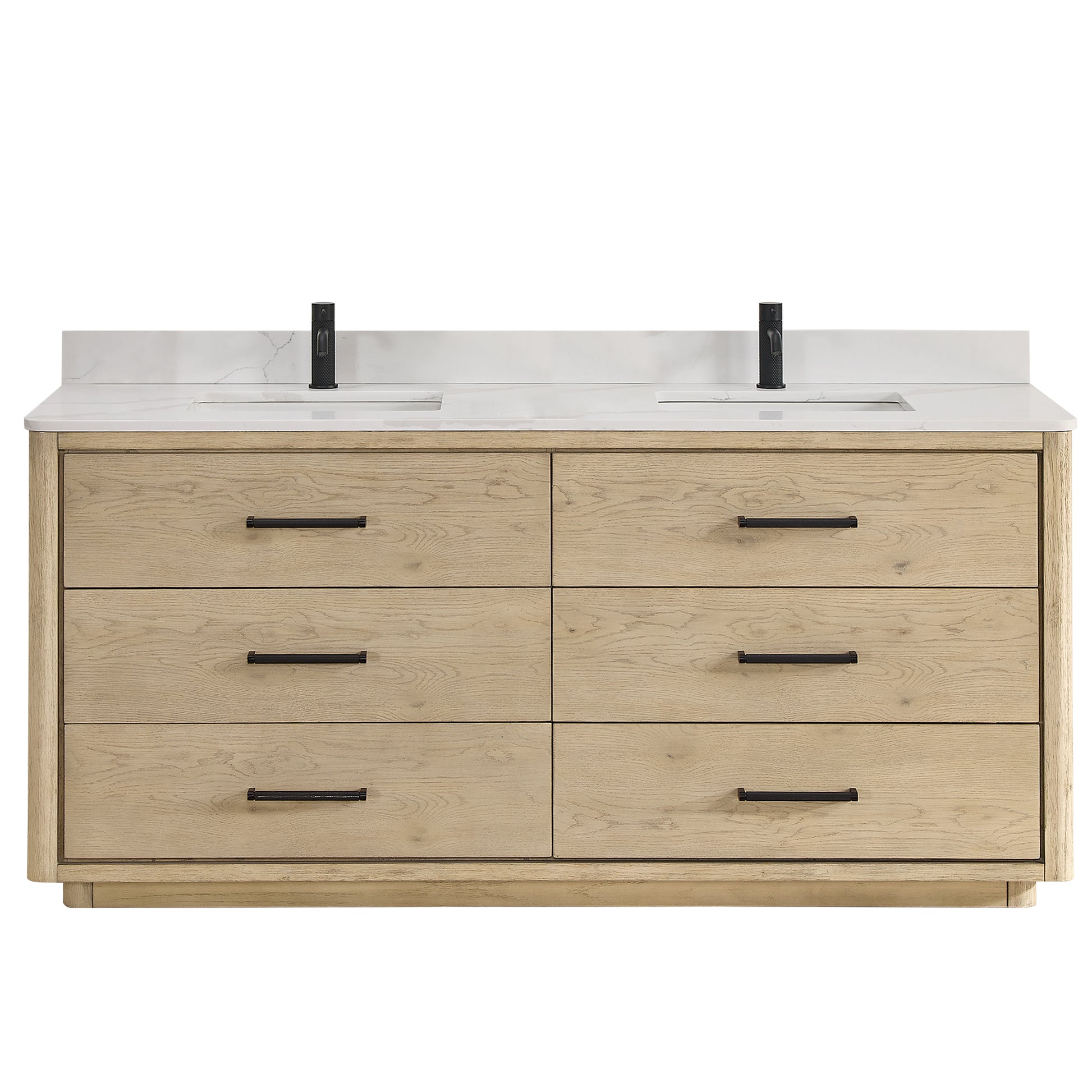 Vinnova Porto 72-inch free-standing double vanity in natural oak with Fish Maw white quartz stone top