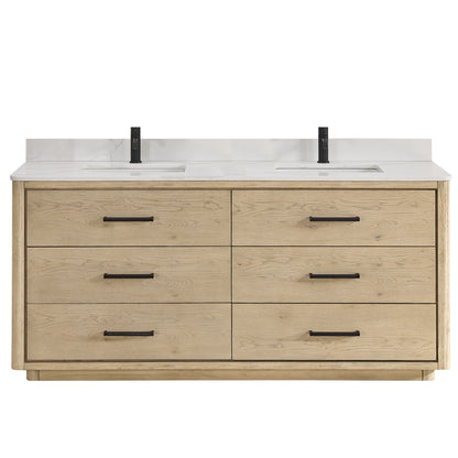 Vinnova Porto 72-inch free-standing double vanity in natural oak with Fish Maw white quartz stone top