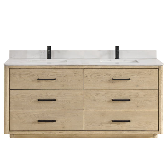 Vinnova Porto 72-inch free-standing double vanity in natural oak with Fish Maw white quartz stone top