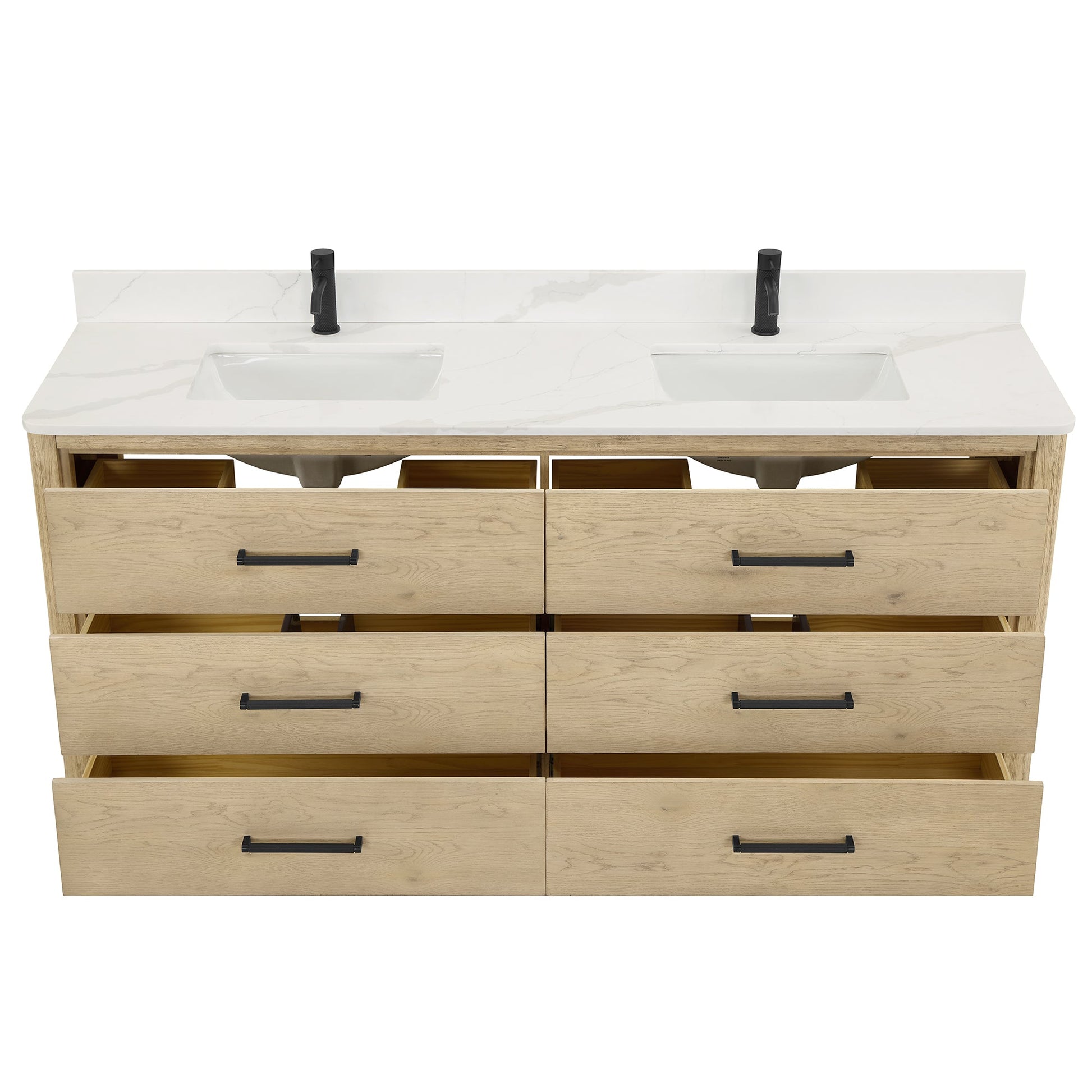 Vinnova Porto 72-inch free-standing double vanity in natural oak with Fish Maw white quartz stone top