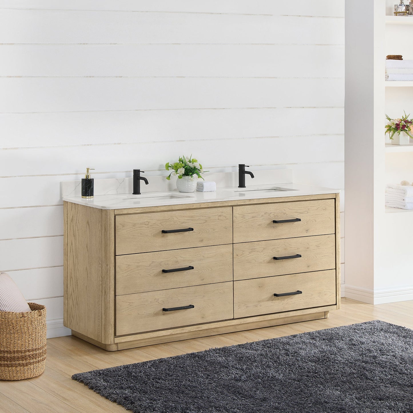 Vinnova Porto 72-inch free-standing double vanity in natural oak with Fish Maw white quartz stone top