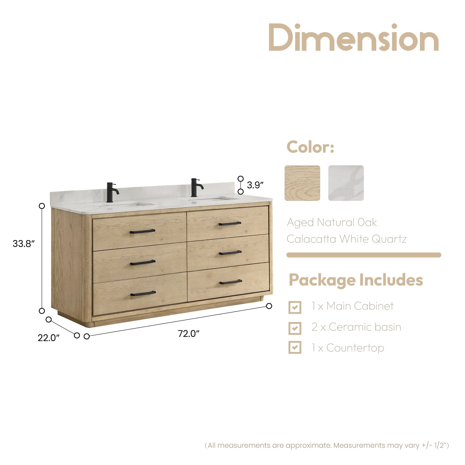 Vinnova Porto 72-inch free-standing double vanity in natural oak with Fish Maw white quartz stone top