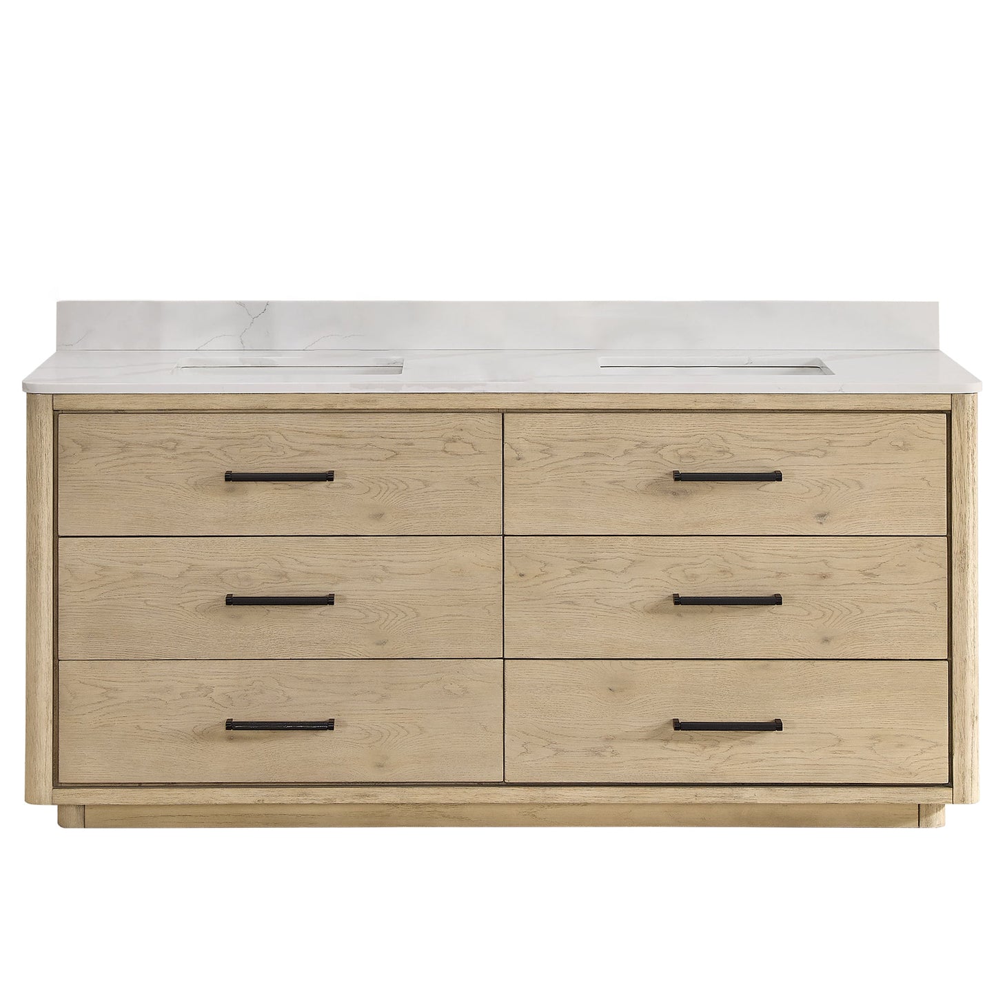 Vinnova Porto 72-inch free-standing double vanity in natural oak with Fish Maw white quartz stone top