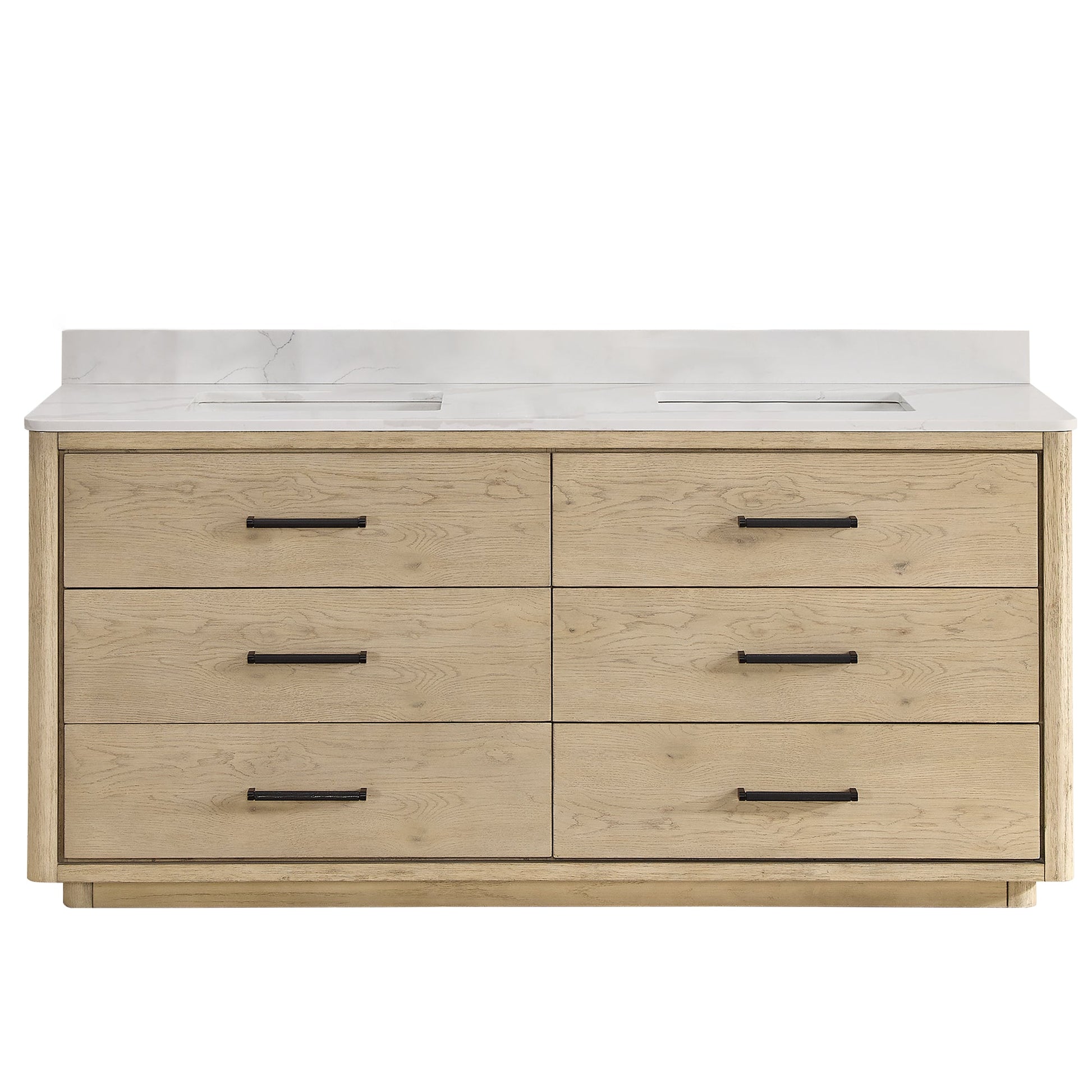 Vinnova Porto 72-inch free-standing double vanity in natural oak with Fish Maw white quartz stone top