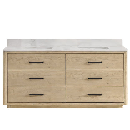 Vinnova Porto 72-inch free-standing double vanity in natural oak with Fish Maw white quartz stone top