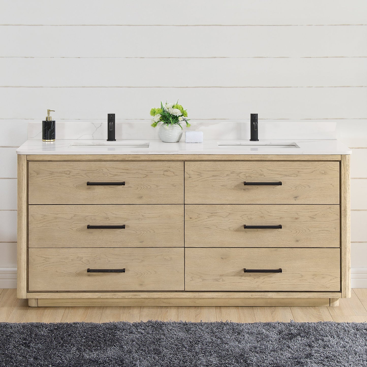 Vinnova Porto 72-inch free-standing double vanity in natural oak with Fish Maw white quartz stone top