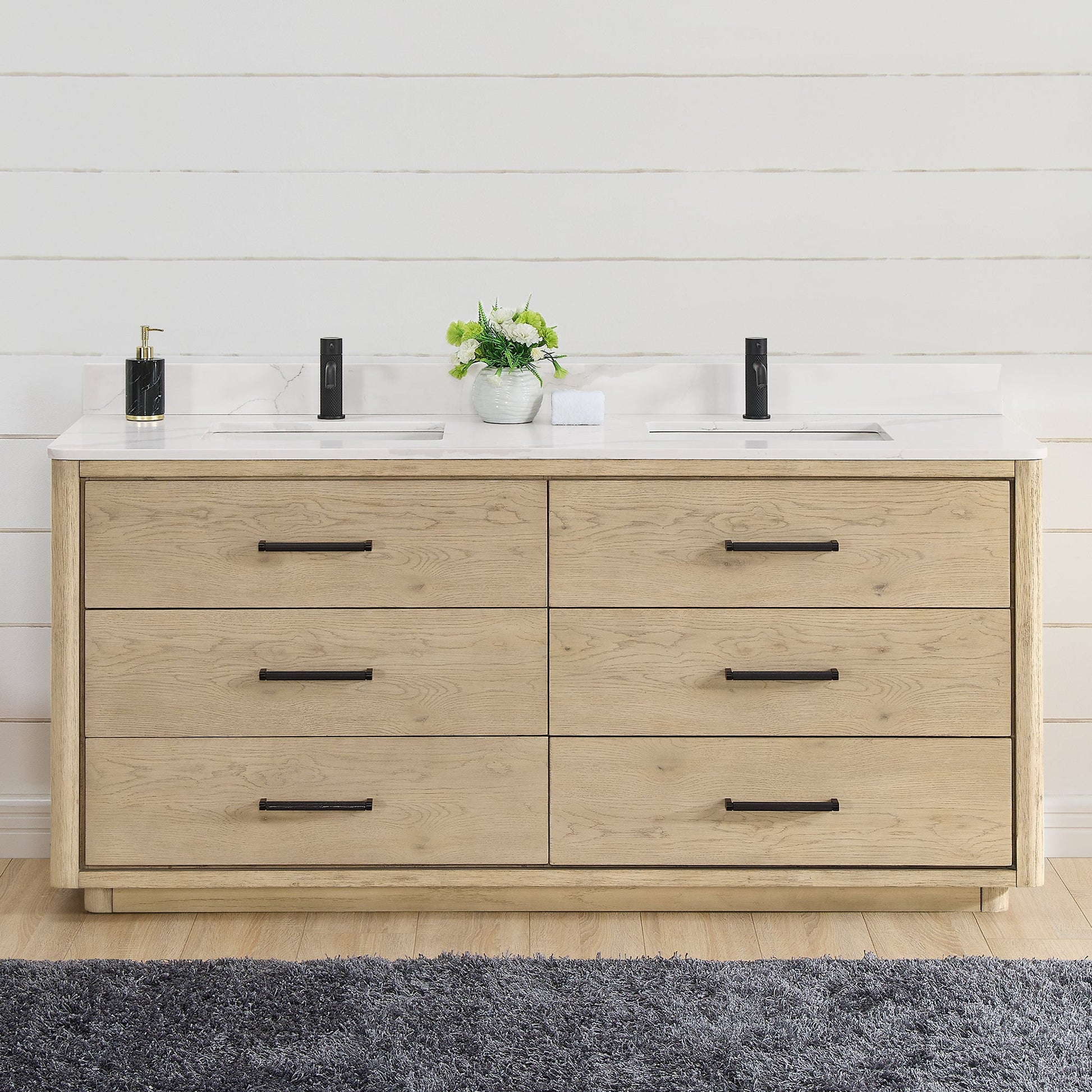 Vinnova Porto 72-inch free-standing double vanity in natural oak with Fish Maw white quartz stone top