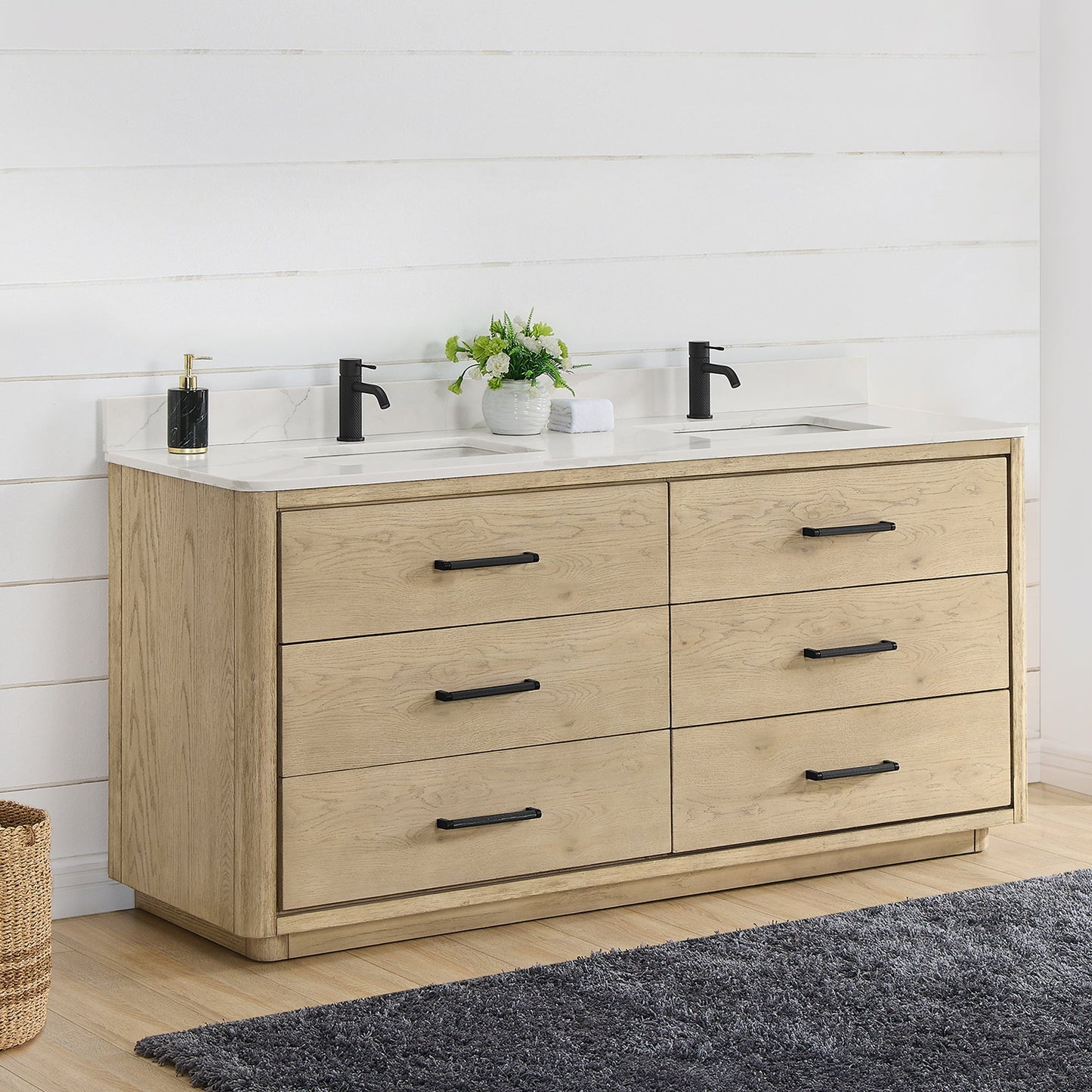 Vinnova Porto 72-inch free-standing double vanity in natural oak with Fish Maw white quartz stone top