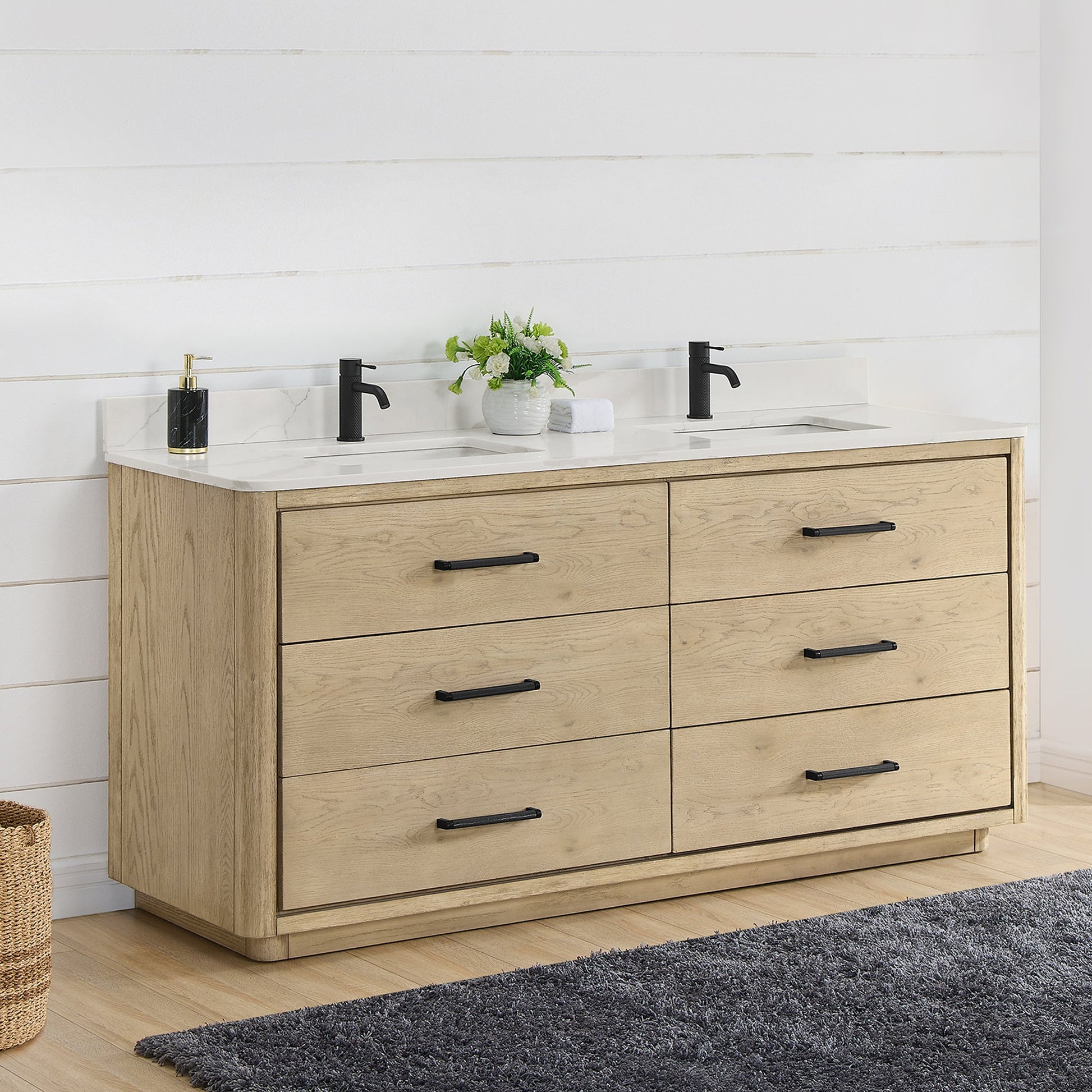 Vinnova Porto 72-inch free-standing double vanity in natural oak with Fish Maw white quartz stone top