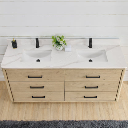 Vinnova Porto 72-inch free-standing double vanity in natural oak with Fish Maw white quartz stone top