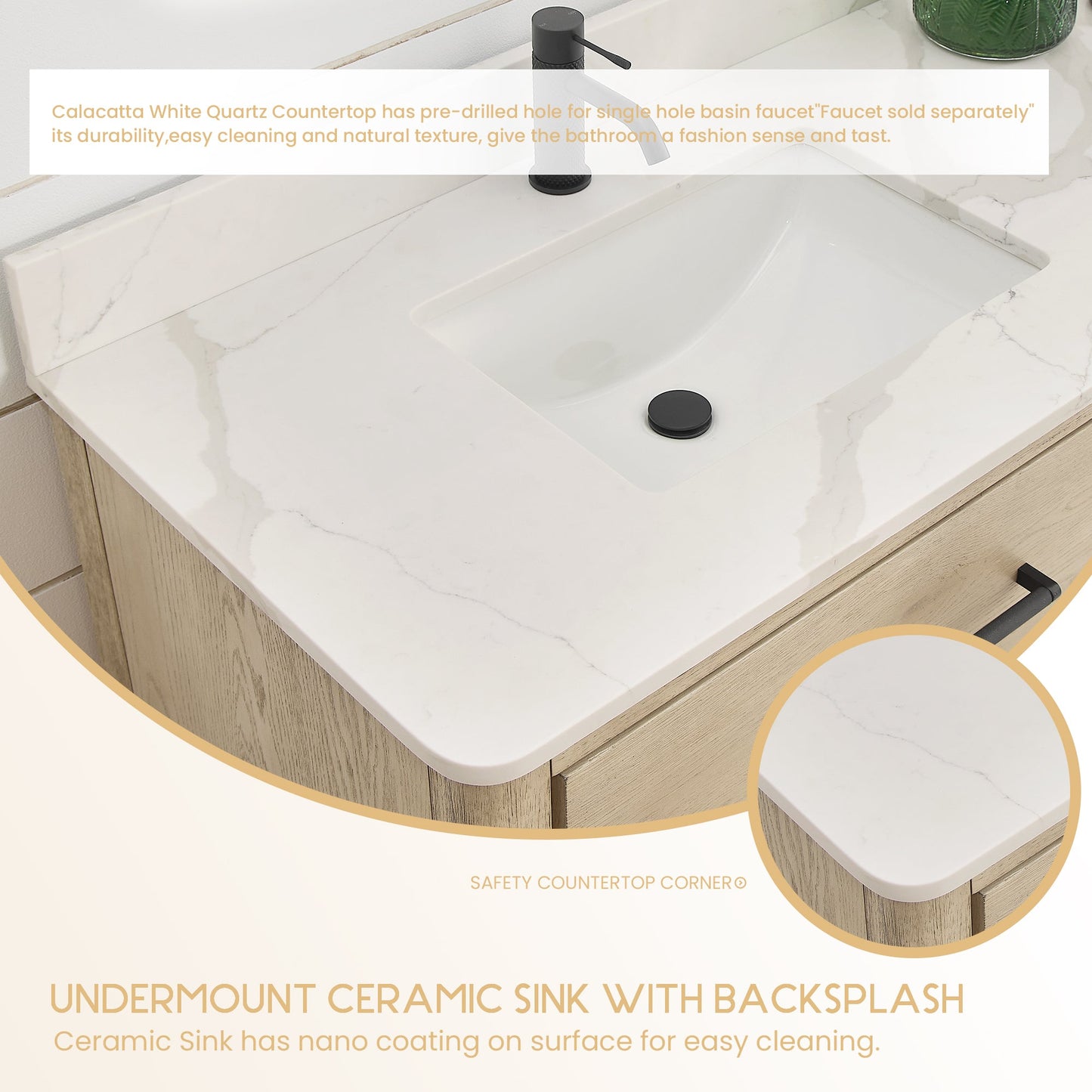 Vinnova Porto 72-inch free-standing double vanity in natural oak with Fish Maw white quartz stone top