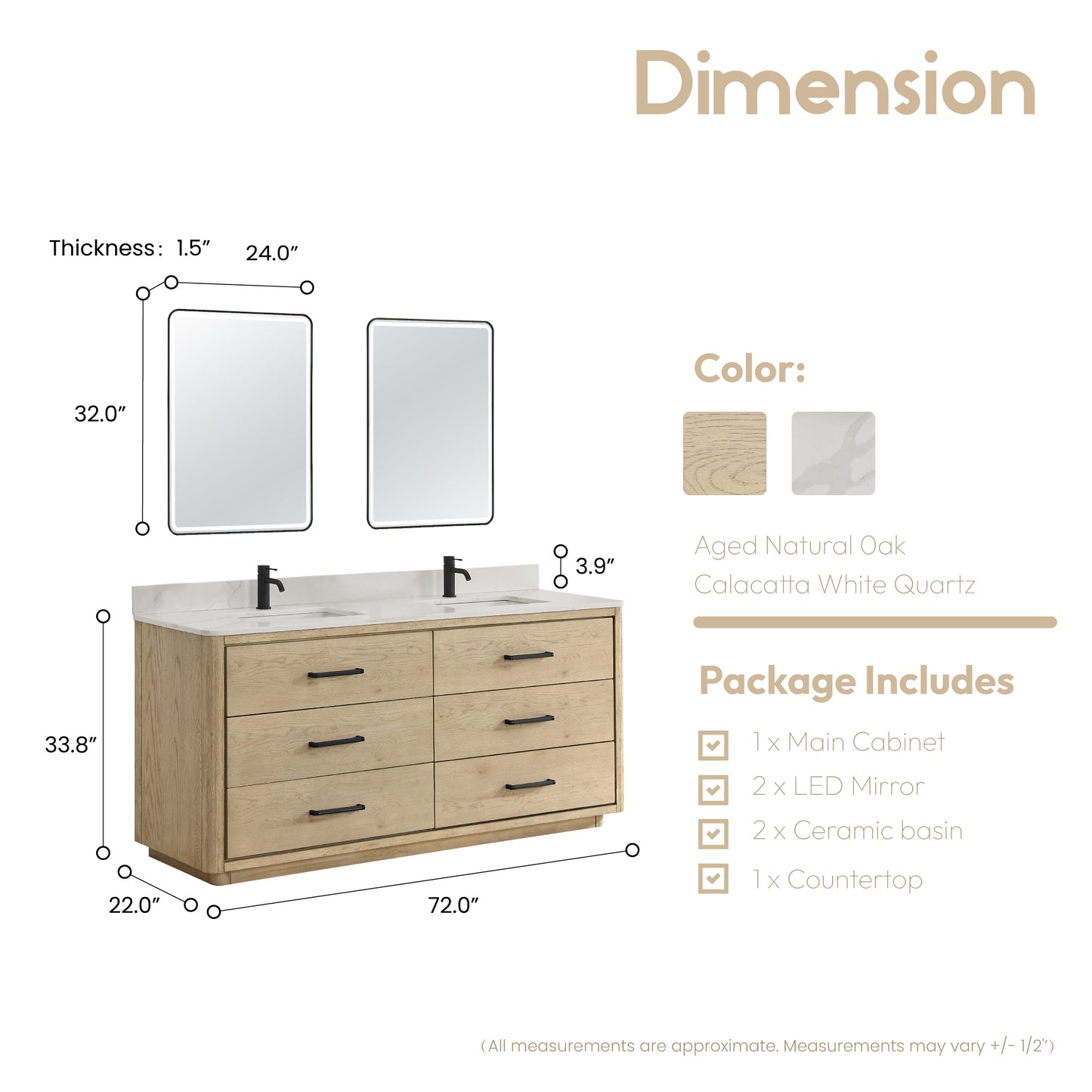 Vinnova, Porto 72" Free-standing Double Bath Vanity in Aged Natural Oak with Fish Maw White Quartz Stone Top and Mirror