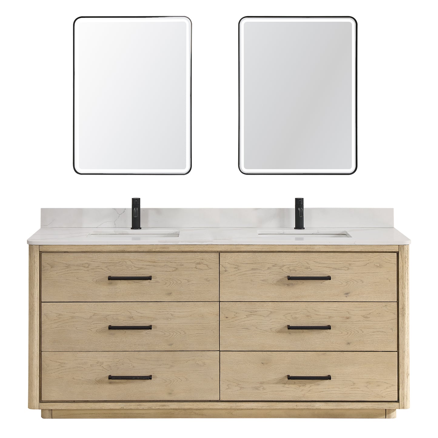 Vinnova, Porto 72" Free-standing Double Bath Vanity in Aged Natural Oak with Fish Maw White Quartz Stone Top and Mirror