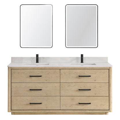 Vinnova, Porto 72" Free-standing Double Bath Vanity in Aged Natural Oak with Fish Maw White Quartz Stone Top and Mirror