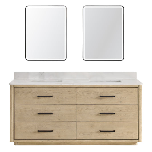Vinnova, Porto 72" Free-standing Double Bath Vanity in Aged Natural Oak with Fish Maw White Quartz Stone Top and Mirror