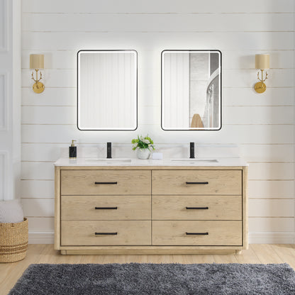 Vinnova, Porto 72" Free-standing Double Bath Vanity in Aged Natural Oak with Fish Maw White Quartz Stone Top and Mirror
