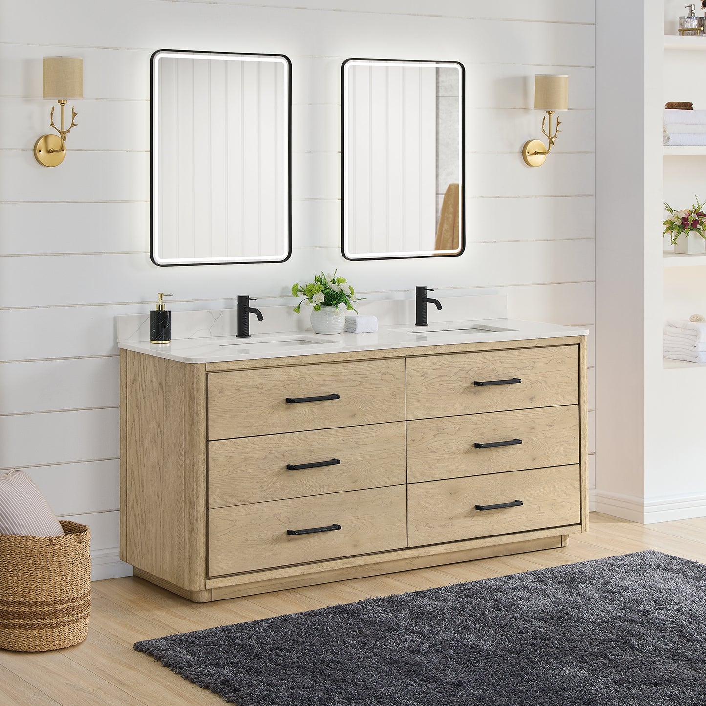 Vinnova, Porto 72" Free-standing Double Bath Vanity in Aged Natural Oak with Fish Maw White Quartz Stone Top and Mirror