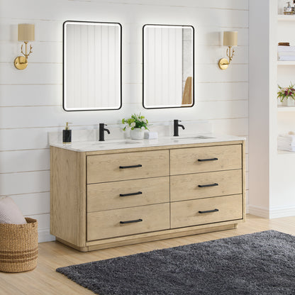 Vinnova, Porto 72" Free-standing Double Bath Vanity in Aged Natural Oak with Fish Maw White Quartz Stone Top and Mirror