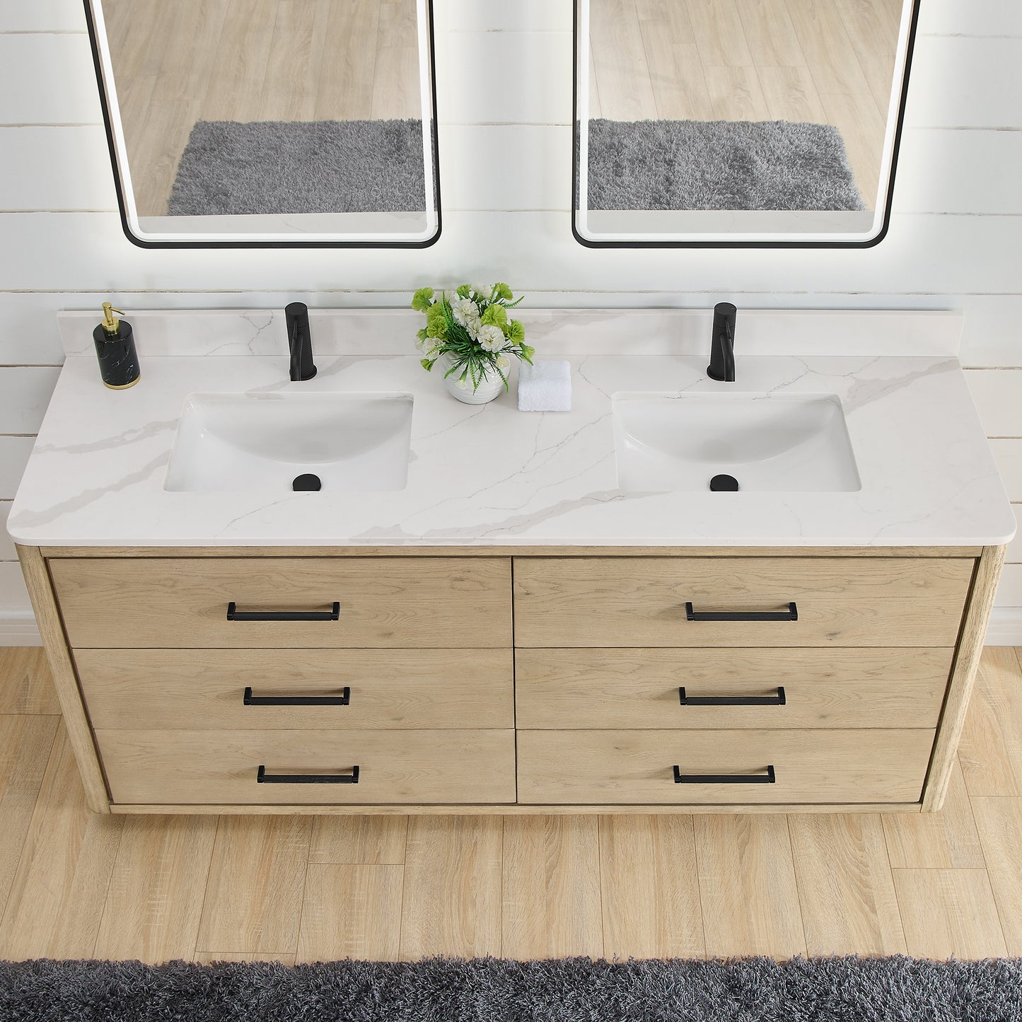 Vinnova, Porto 72" Free-standing Double Bath Vanity in Aged Natural Oak with Fish Maw White Quartz Stone Top and Mirror