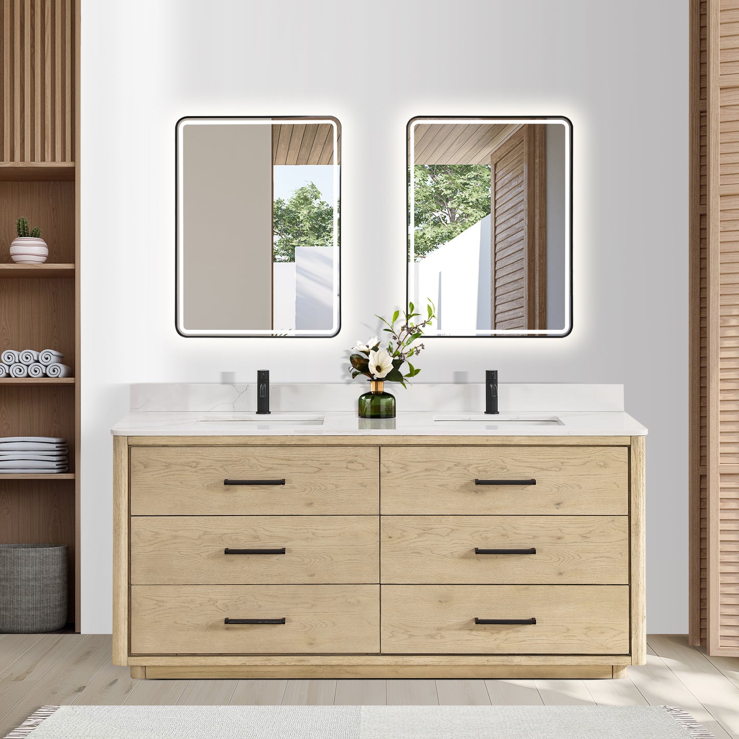 Vinnova, Porto 72" Free-standing Double Bath Vanity in Aged Natural Oak with Fish Maw White Quartz Stone Top and Mirror