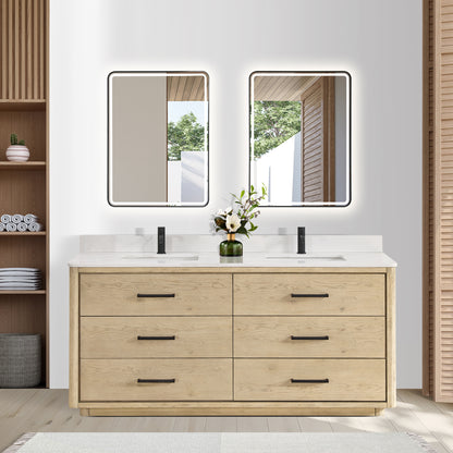 Vinnova, Porto 72" Free-standing Double Bath Vanity in Aged Natural Oak with Fish Maw White Quartz Stone Top and Mirror
