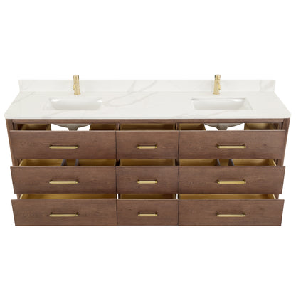 Vinnova, Porto 84" Free-standing Double Bath Vanity in Aged Dark Brown Oak with Fish Maw White Quartz Stone Top