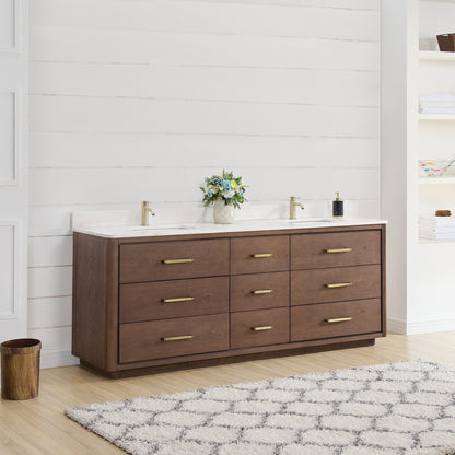 Vinnova, Porto 84" Free-standing Double Bath Vanity in Aged Dark Brown Oak with Fish Maw White Quartz Stone Top