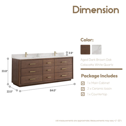 Vinnova, Porto 84" Free-standing Double Bath Vanity in Aged Dark Brown Oak with Fish Maw White Quartz Stone Top