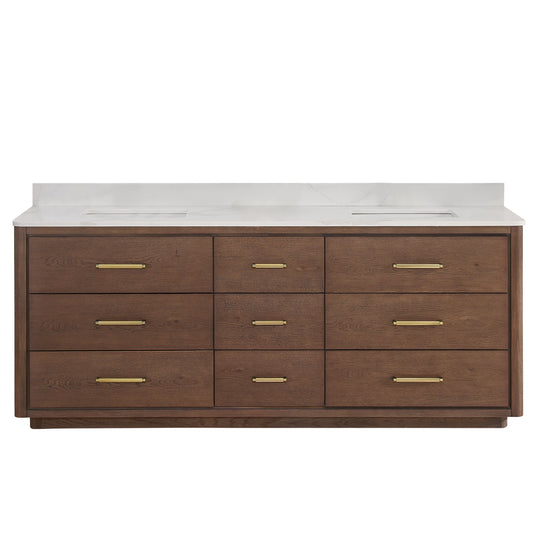Vinnova, Porto 84" Free-standing Double Bath Vanity in Aged Dark Brown Oak with Fish Maw White Quartz Stone Top