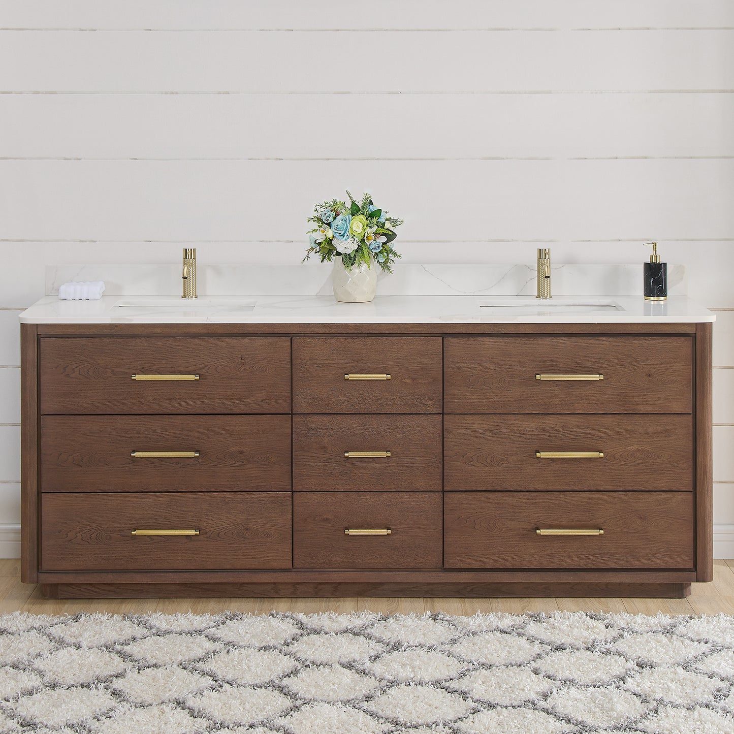 Vinnova, Porto 84" Free-standing Double Bath Vanity in Aged Dark Brown Oak with Fish Maw White Quartz Stone Top