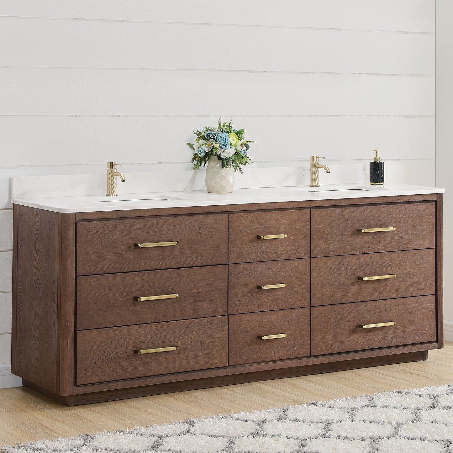 Vinnova, Porto 84" Free-standing Double Bath Vanity in Aged Dark Brown Oak with Fish Maw White Quartz Stone Top