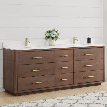 Vinnova, Porto 84" Free-standing Double Bath Vanity in Aged Dark Brown Oak with Fish Maw White Quartz Stone Top