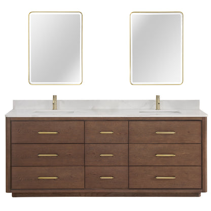 Vinnova, Porto 84" Free-standing Double Bath Vanity in Aged Dark Brown Oak with Fish Maw White Quartz Stone Top and Mirror