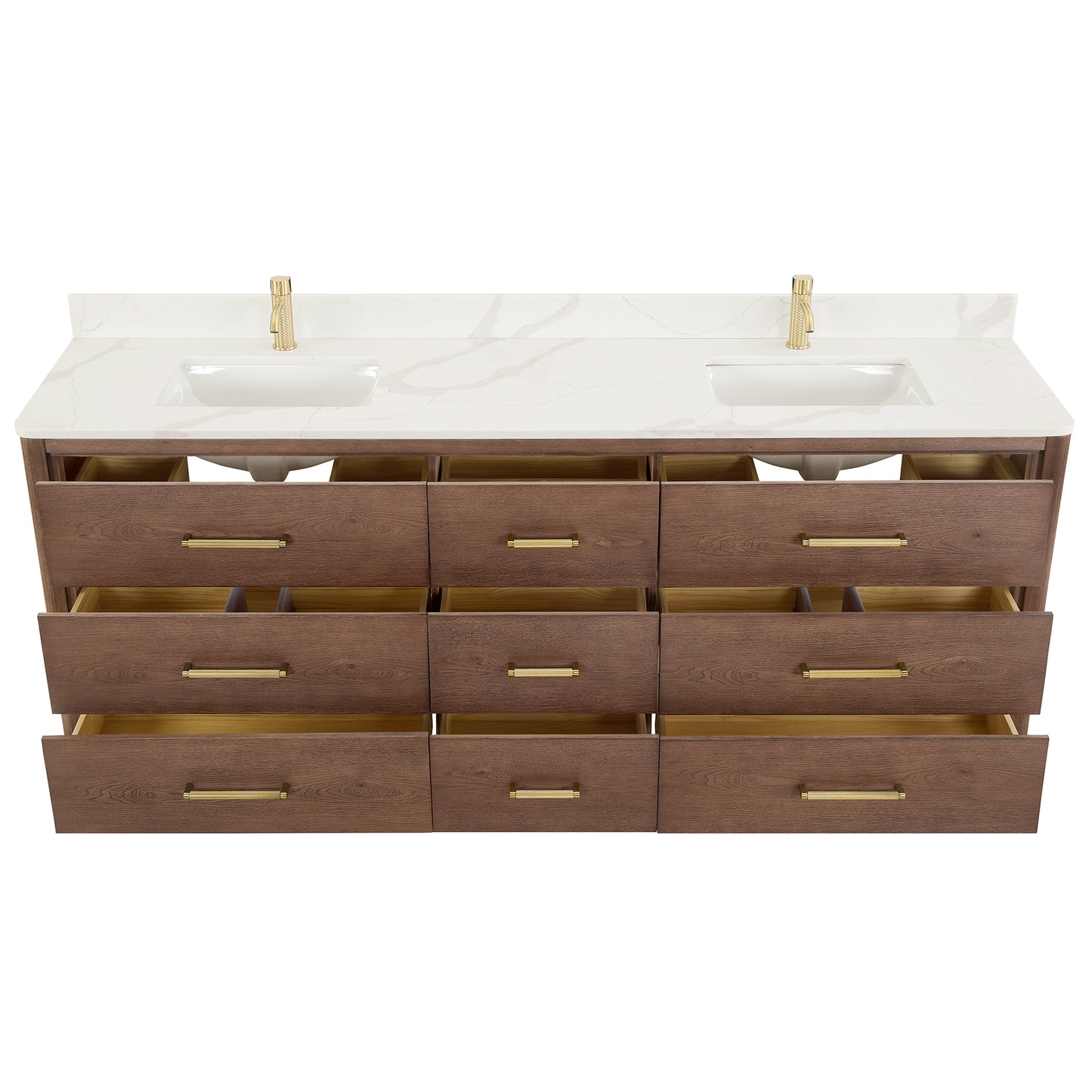 Vinnova, Porto 84" Free-standing Double Bath Vanity in Aged Dark Brown Oak with Fish Maw White Quartz Stone Top and Mirror
