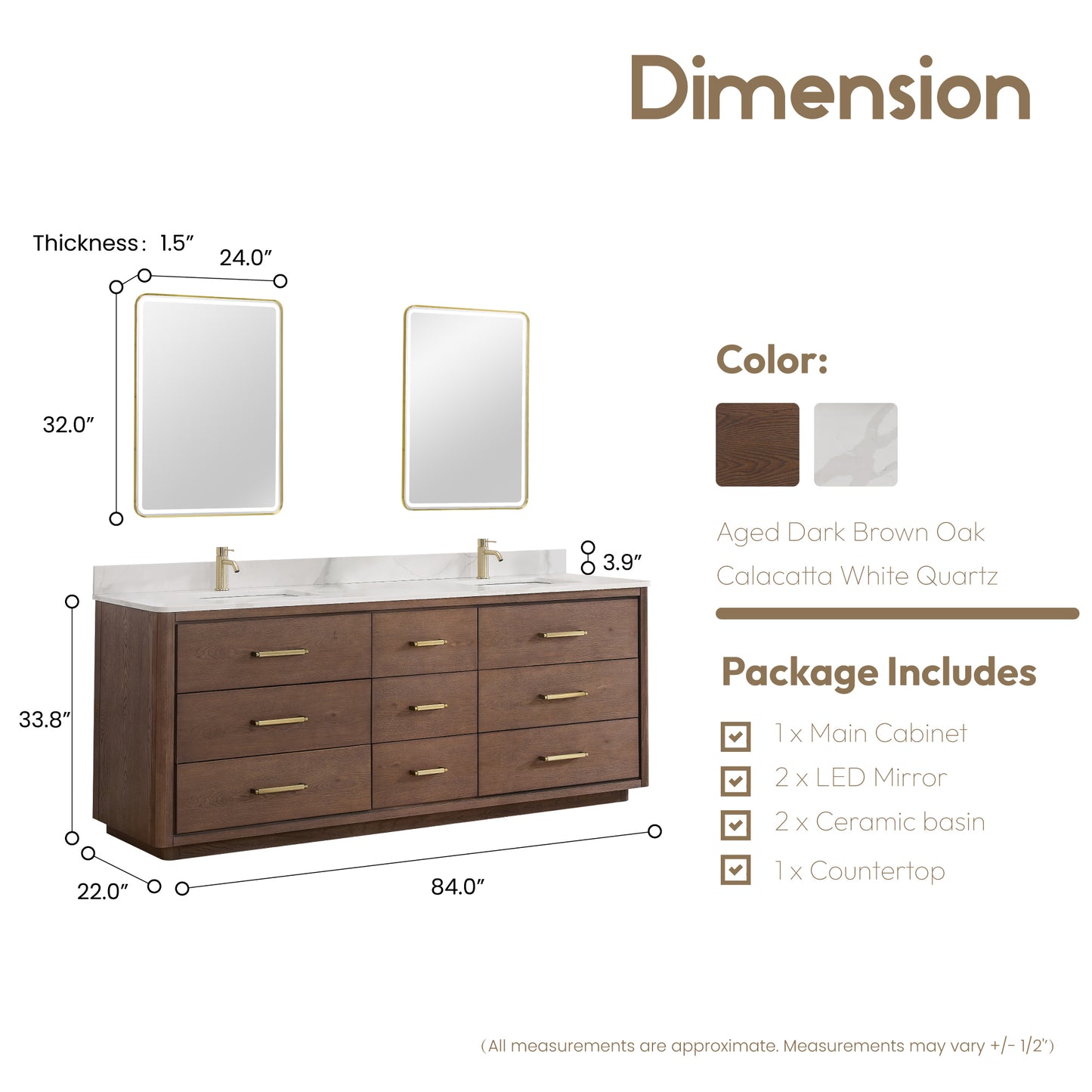 Vinnova, Porto 84" Free-standing Double Bath Vanity in Aged Dark Brown Oak with Fish Maw White Quartz Stone Top and Mirror